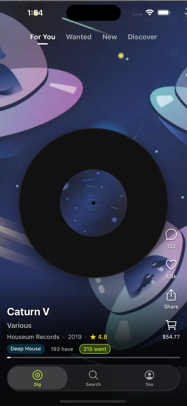 Recordz dig feed showing a curated list of vinyl records to swipe through