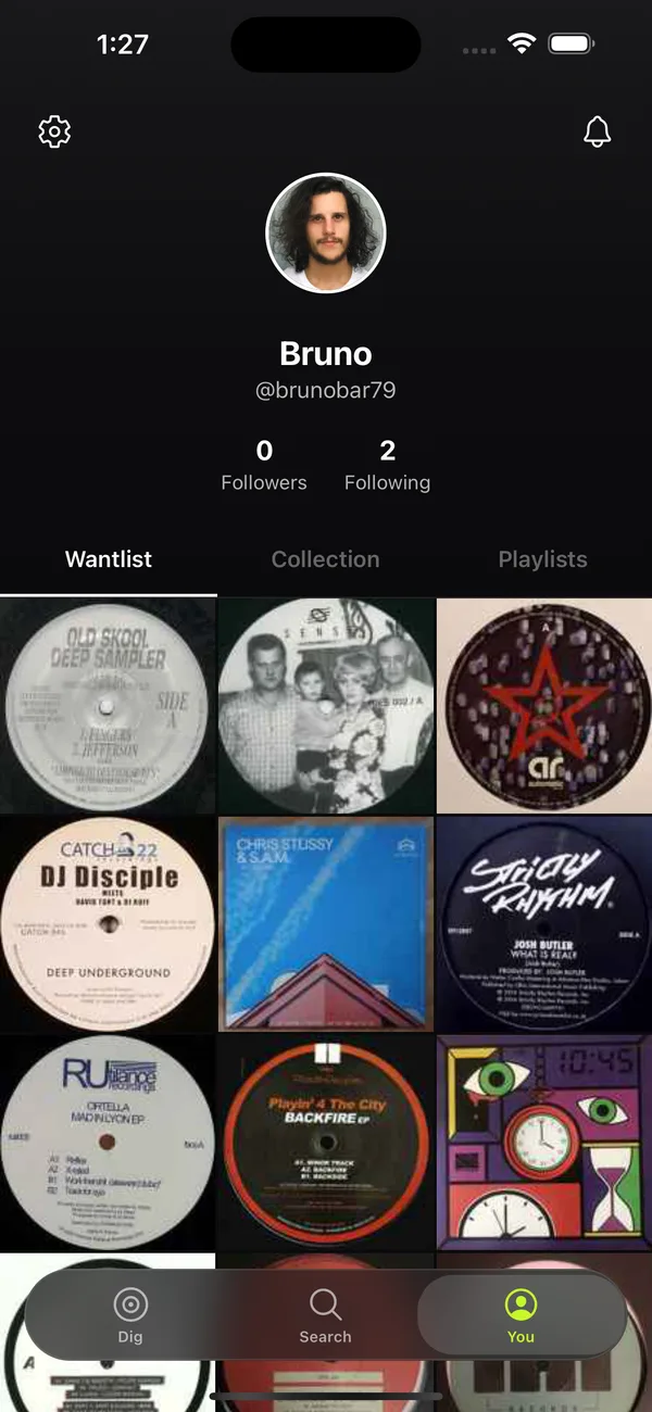 Recordz profile screen showing a user's wantlist and record collection